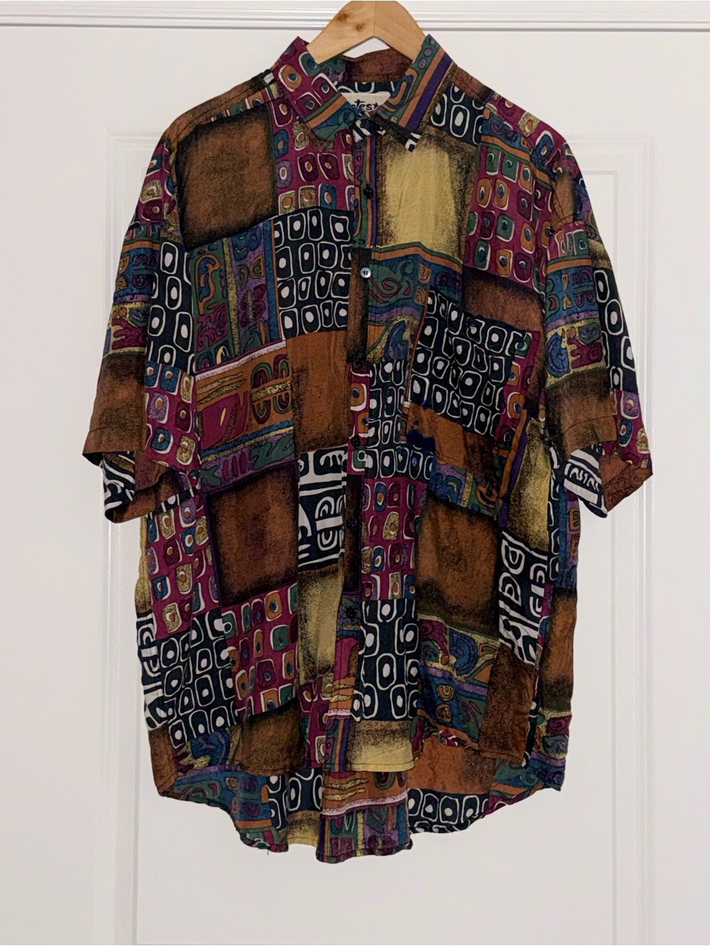 Protest Mens Large Vintage 90s Abstract Multi Color 100% Silk Button Front Shirt